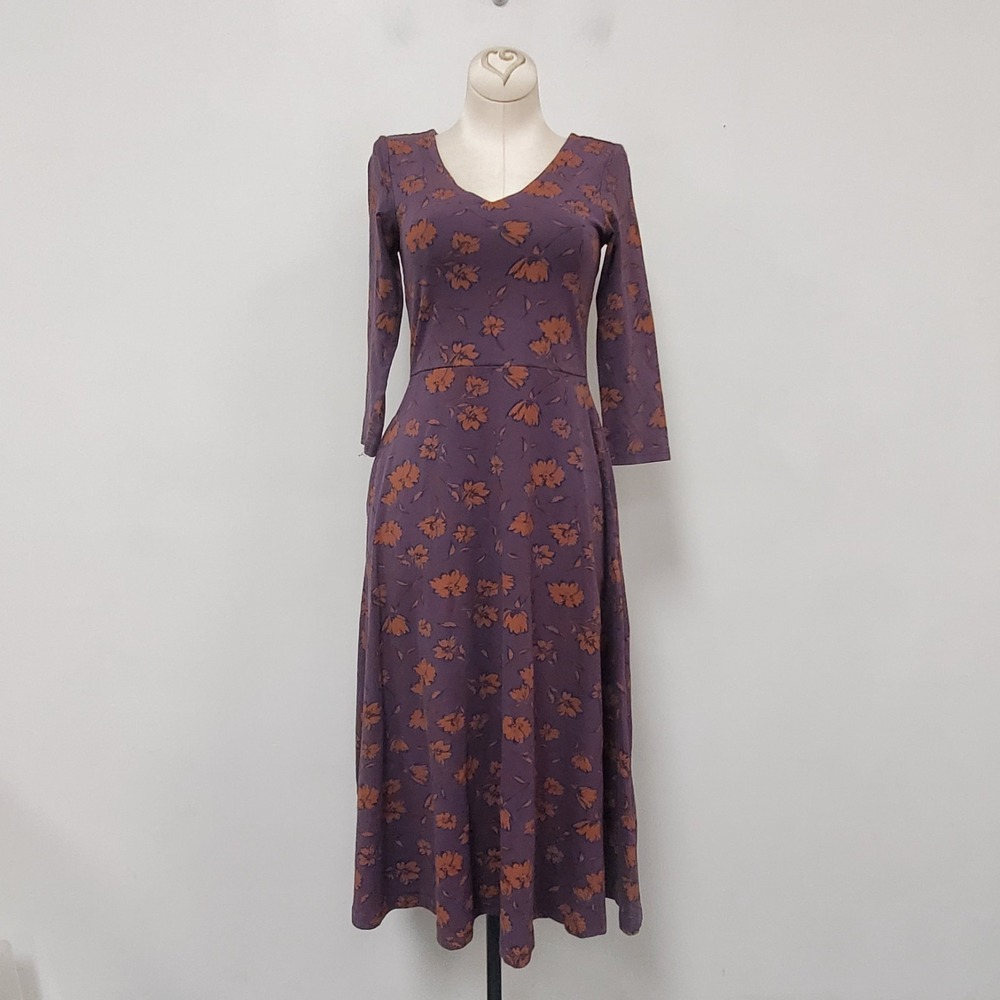 Pact Womens Organic Cotton Long Sleeve Midi Dress Size XS Purple Floral Stretch